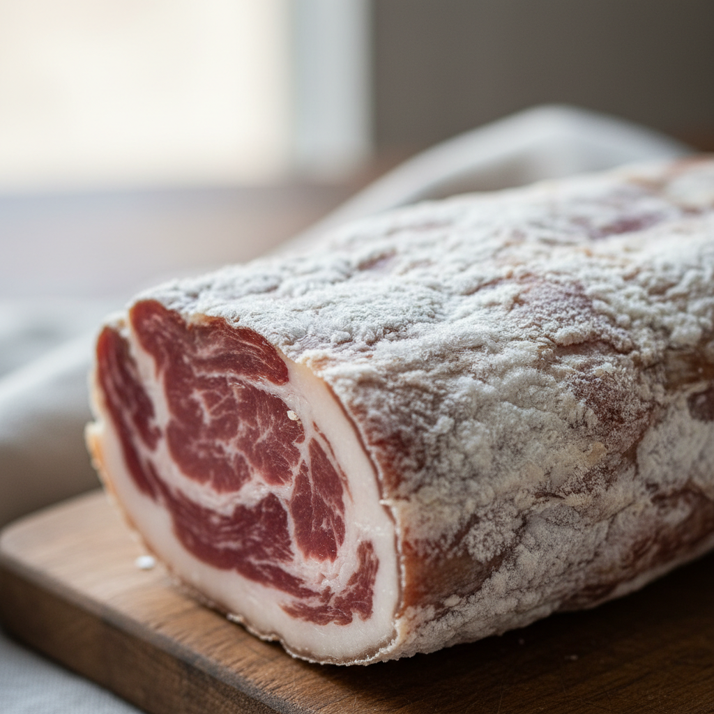 Coppa glistening with white fat bloom on marble slab