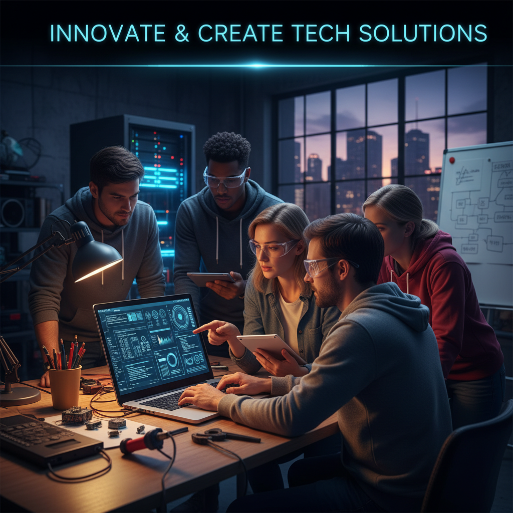 Diverse professional technology team working together in a modern bright office, collaborating around laptops and screens