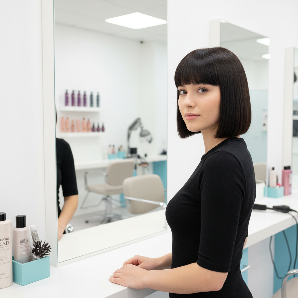 Moderní dámský střih, rovné vlasy s lehkou foukánou, přirozený styling