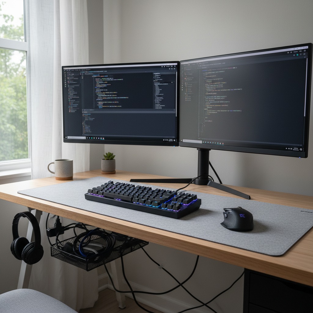 Clean software development workspace with code on dual monitors, bright natural light, minimal modern desk setup