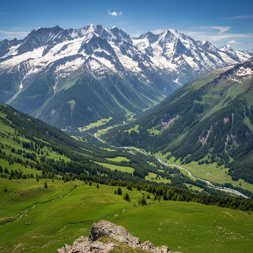 French Alps mountain landscape with snow-capped peaks and green valleys in bright daylight, Grenoble region