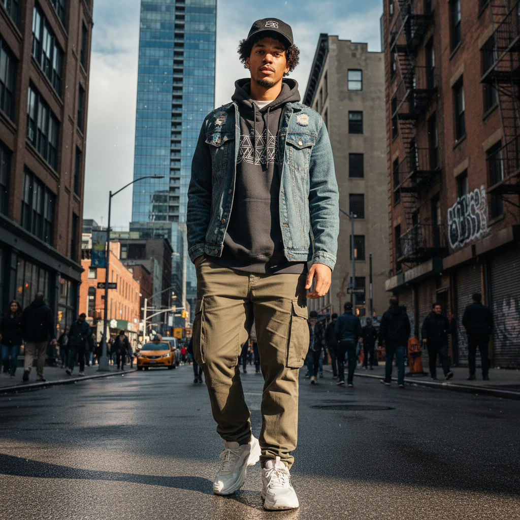 Homem com look completo moderno usando calça e blusa de moletom, estilo urbano contemporâneo