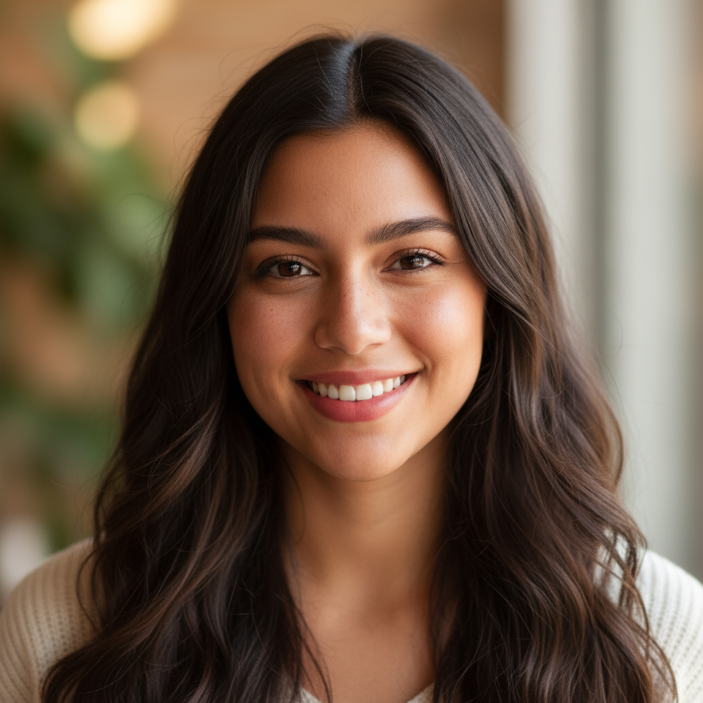 Young Colombian woman with warm smile, professional headshot