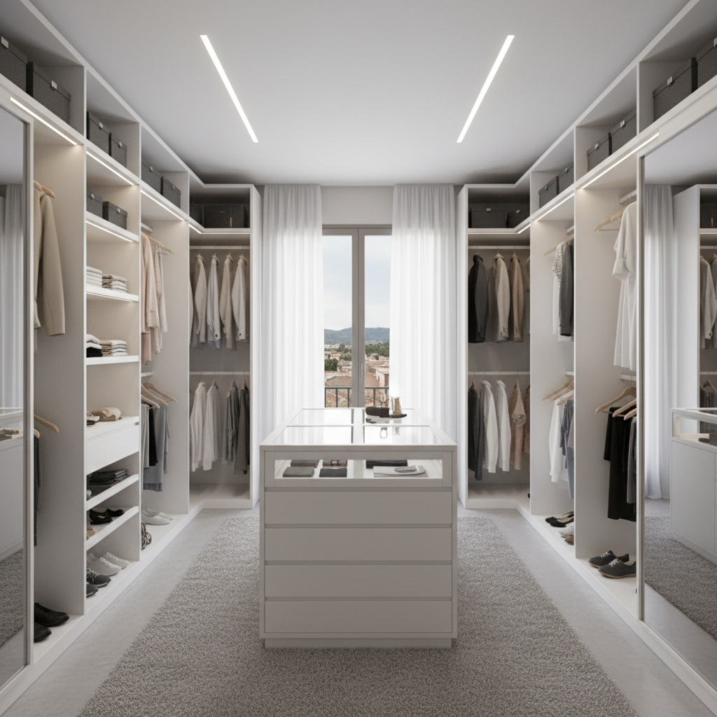 Vestidor completo con acabado lacado blanco y distribución optimizada en Sant Cugat
