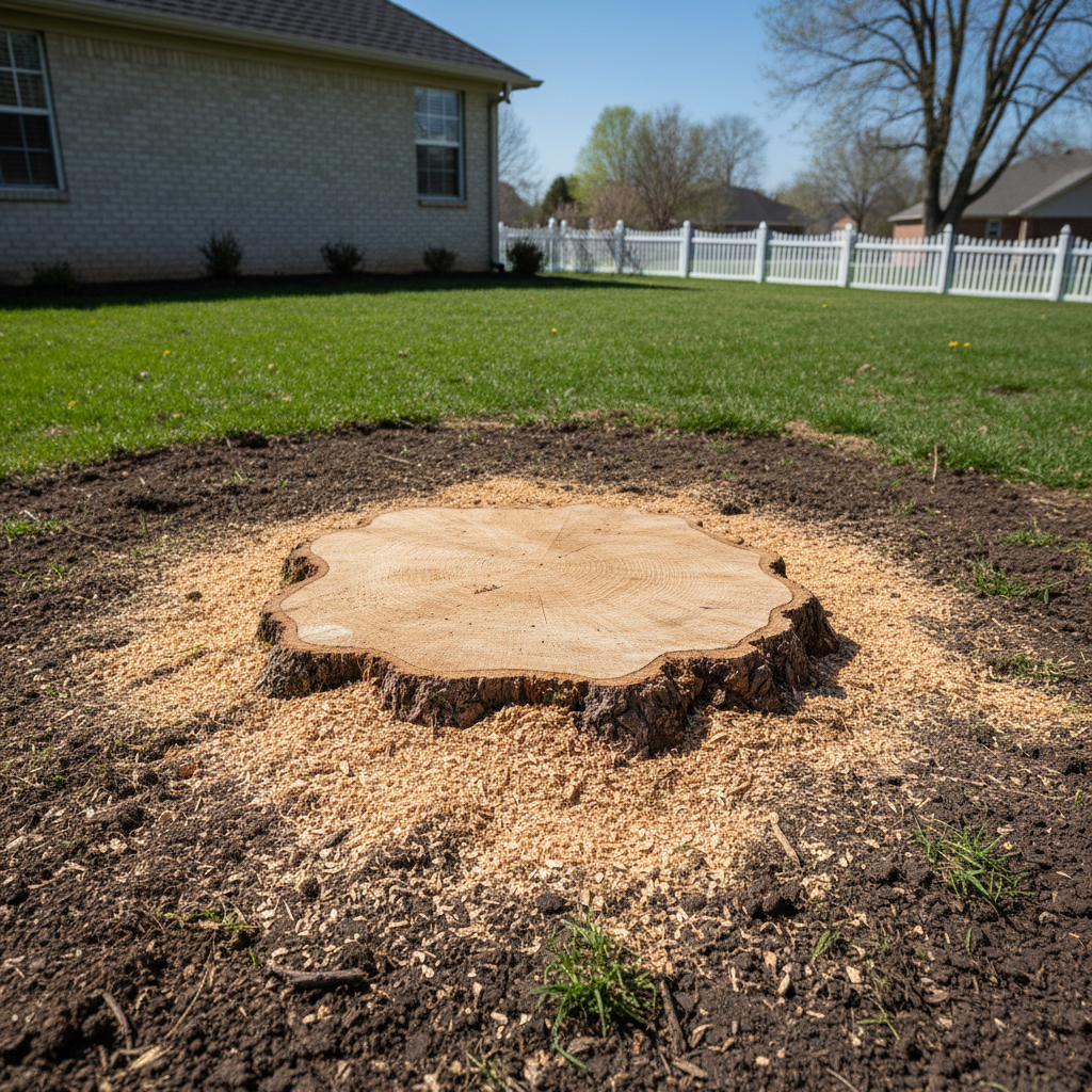 Clean tree stump ground down flush after professional removal, residential backyard cleared