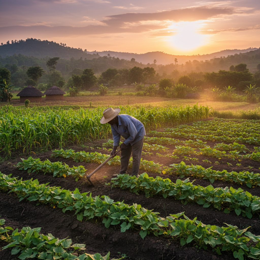 African farmer in wide-brimmed hat standing in a lush green cattle pasture at sunrise