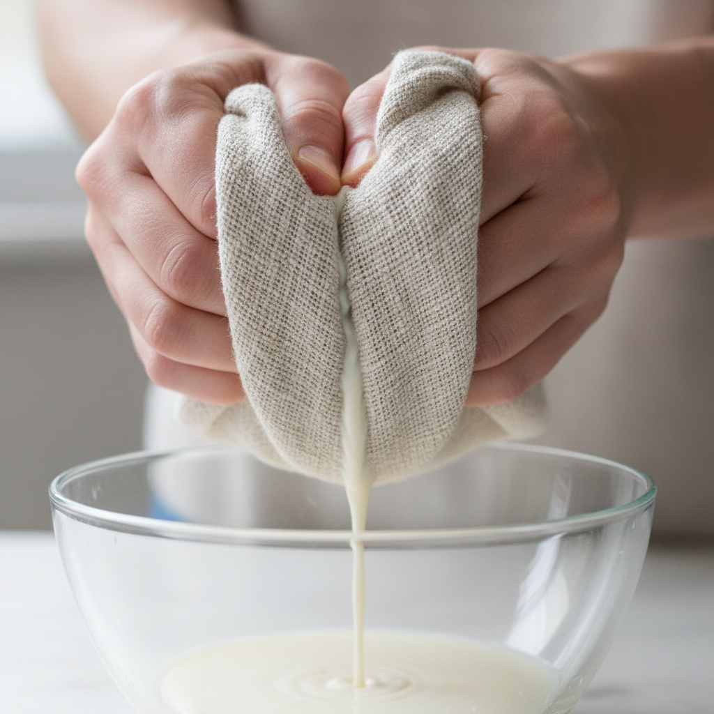Hands with white knuckles squeezing a linen nut-milk bag over a glass bowl