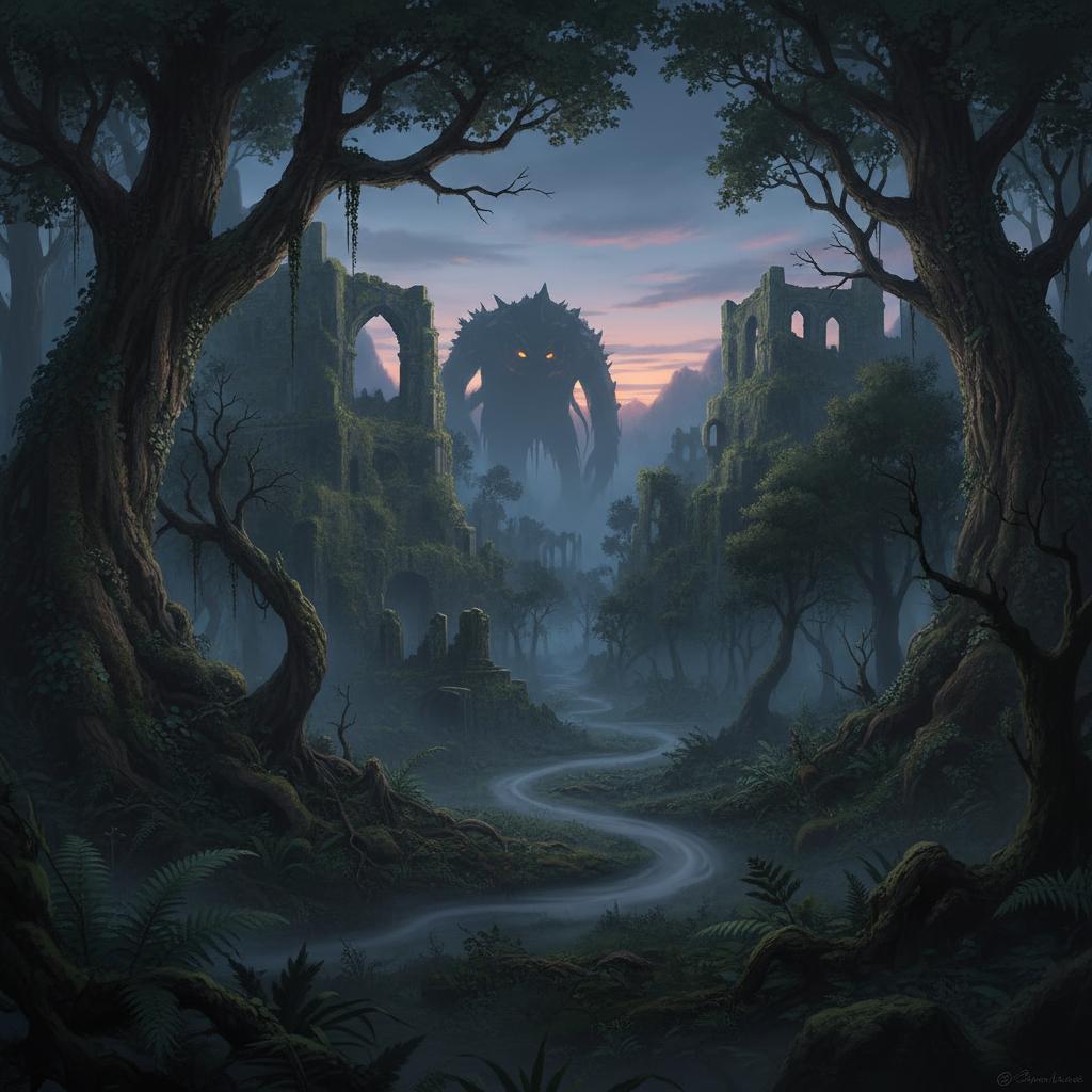 Fantasy medieval landscape with dramatic lighting and forest