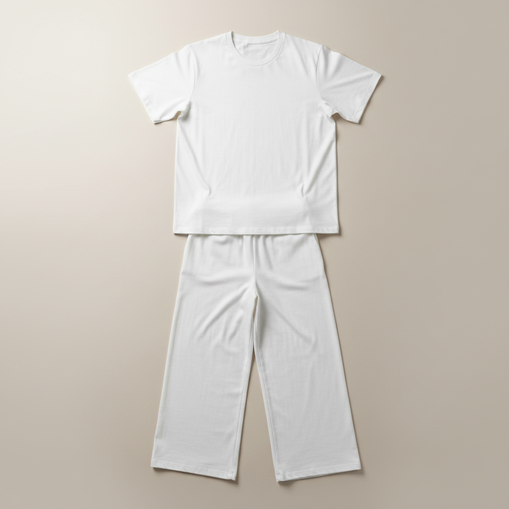 Clean white t-shirt laid flat on grey surface, minimalist fashion photography