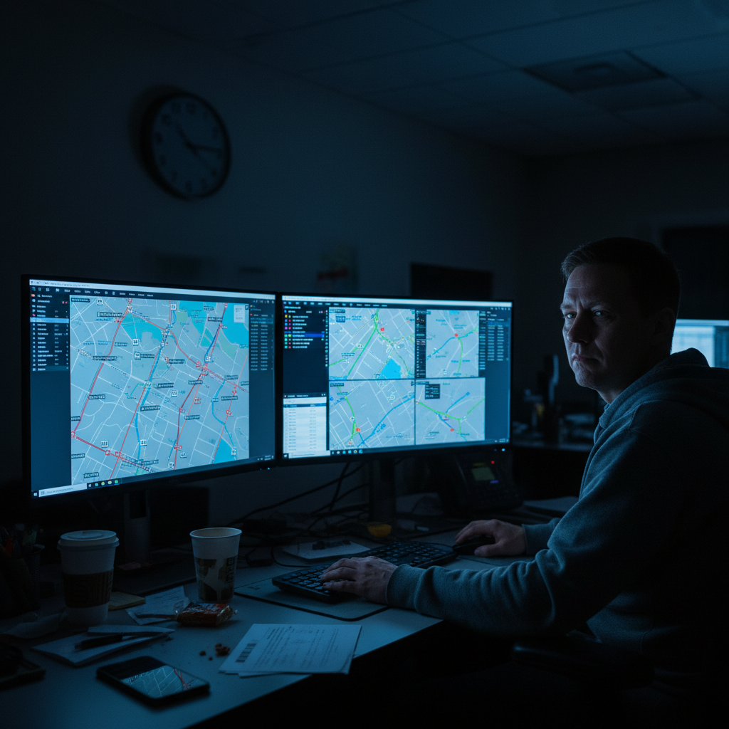 Dispatcher at a desk with two monitors showing GPS tracking at pre-dawn, blue light across tired eyes