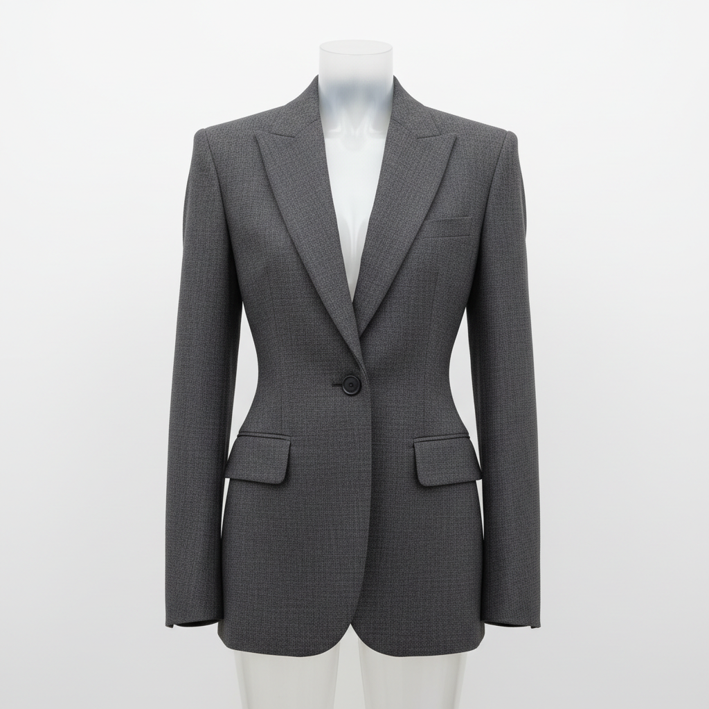 Model in structured ivory blazer against dark textured wall, moody low-key lighting
