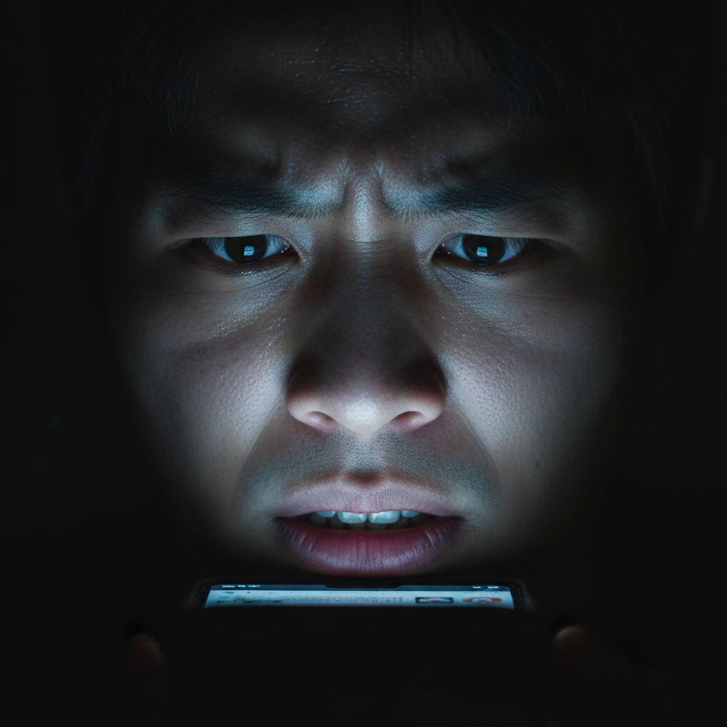 Korean thriller close-up of a tense face illuminated by phone screen in darkness