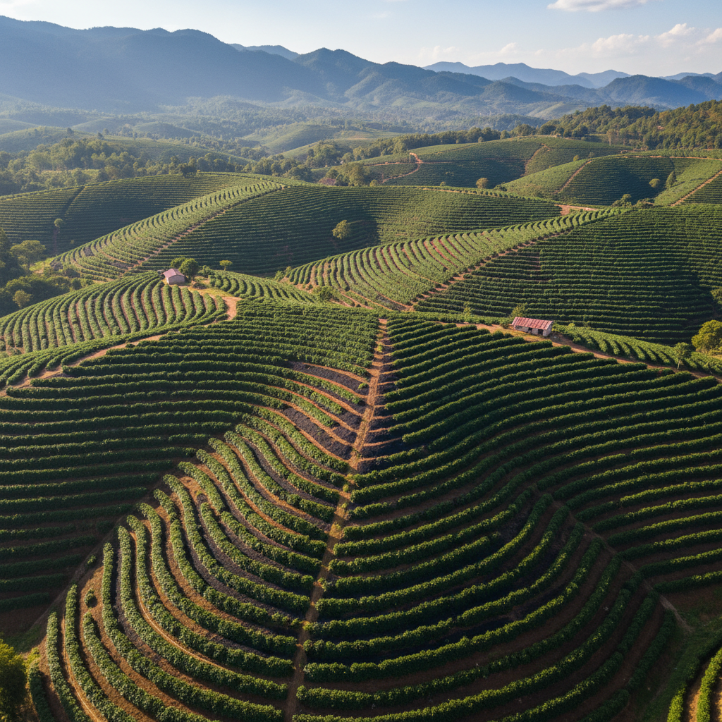 Rolling green hills of Nyeri Kenya with coffee farms and Mount Kenya in the background