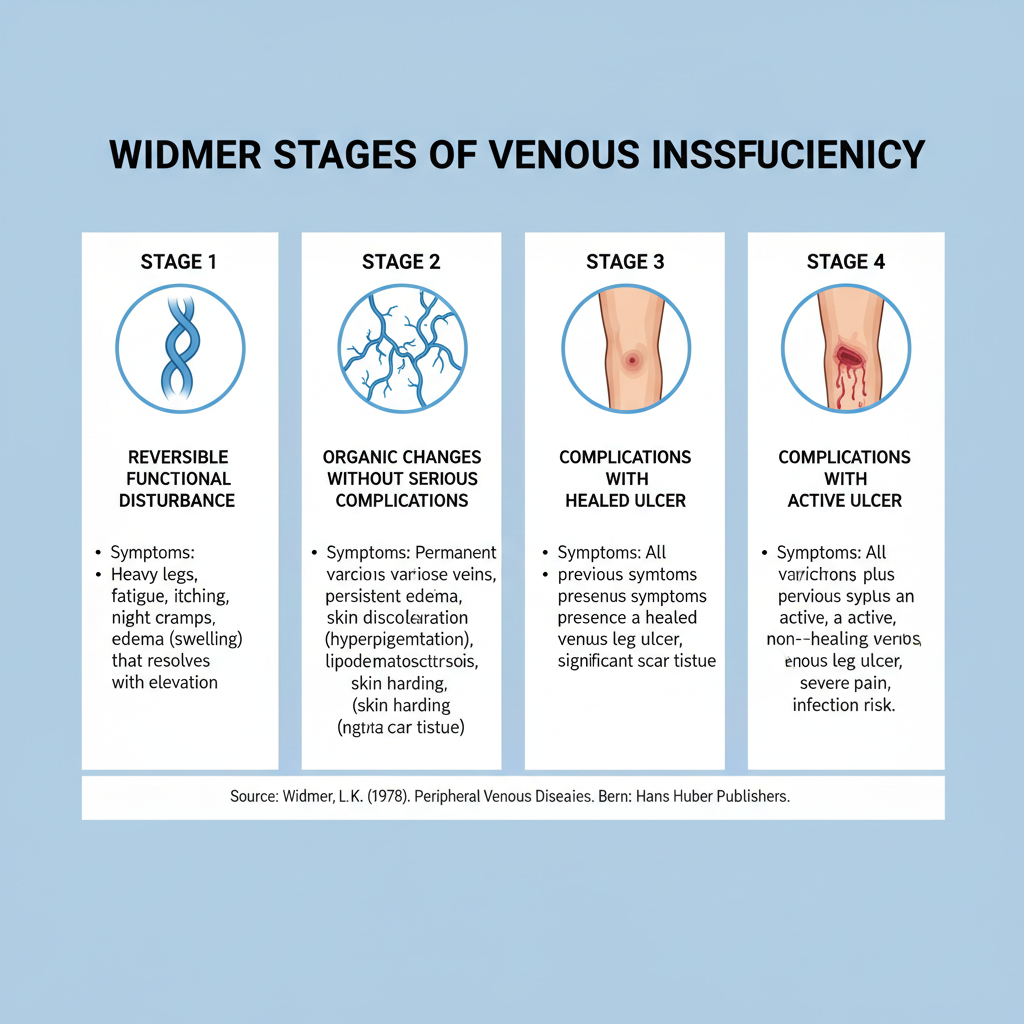 Classification chart showing Widmer stages of venous insufficiency with symptom descriptions