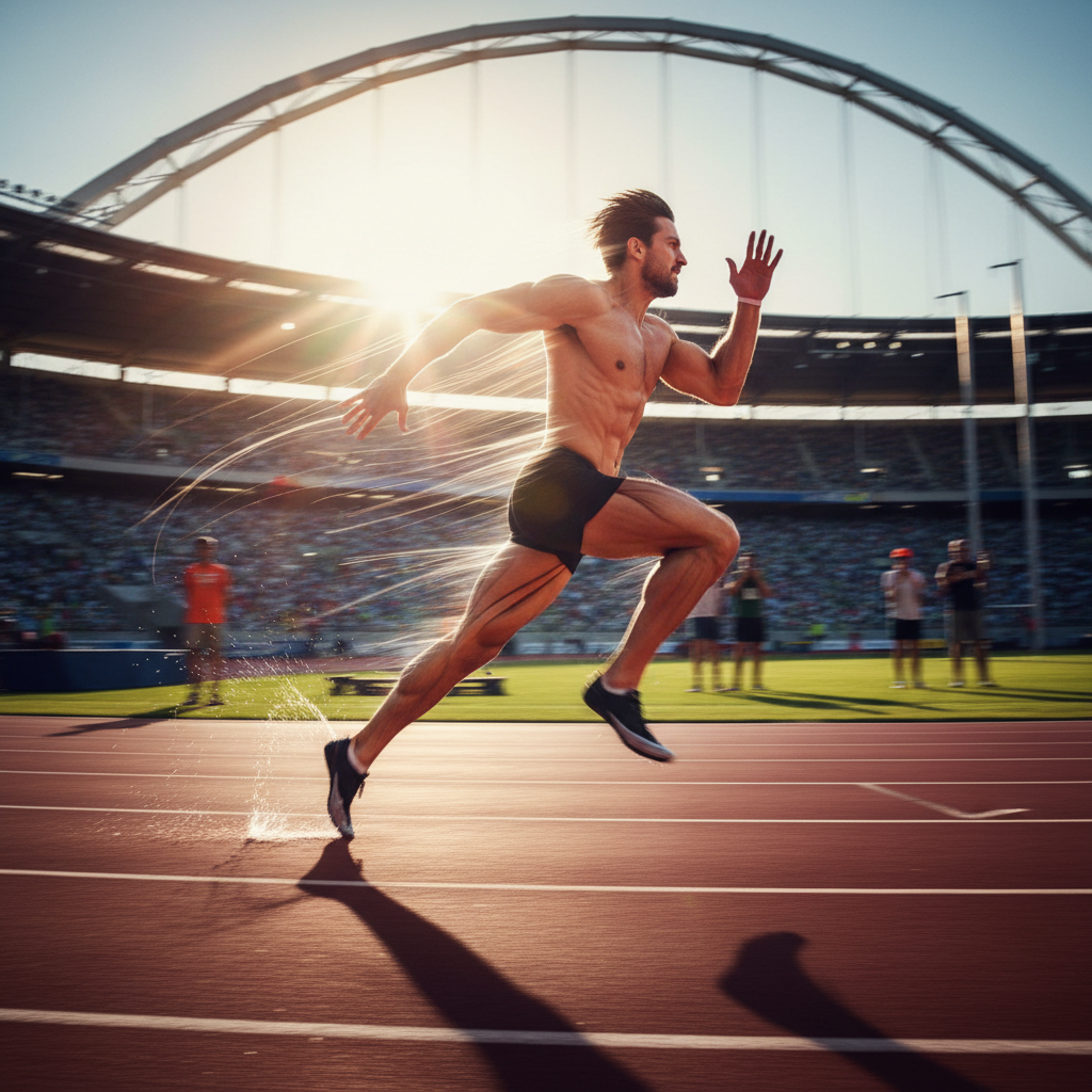 Track athlete sprinting at full speed, motion blur background, stadium setting