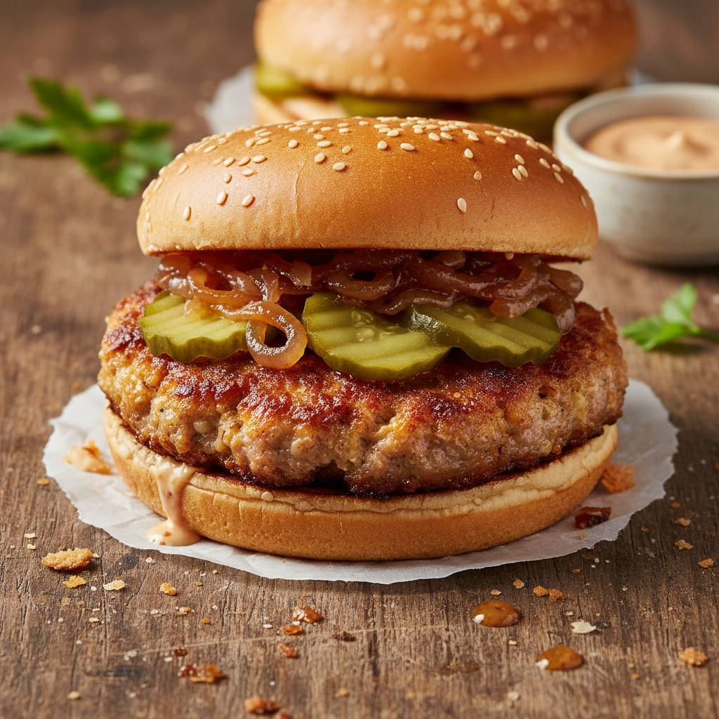 BBQ burger with caramelised onions and dark smoky sauce on rustic wooden board