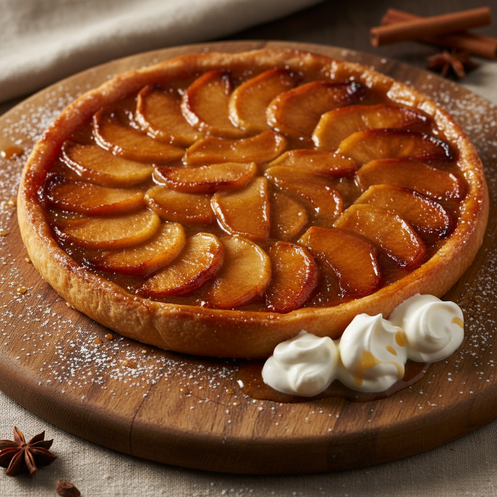 Apple tarte tatin with caramel glaze, bright kitchen counter, natural light