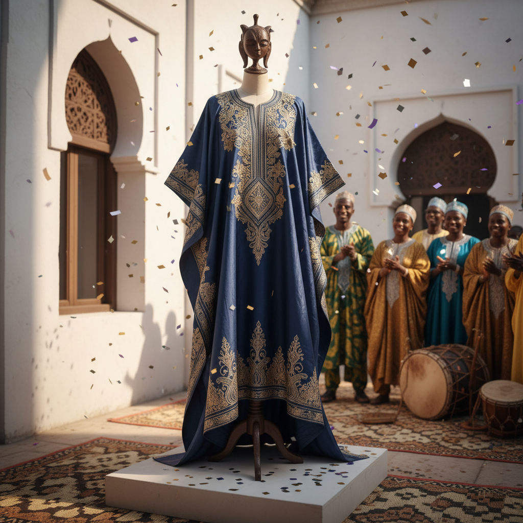Flowing grand boubou robe in royal blue with intricate gold embroidery at chest and cuffs, draped elegantly on model