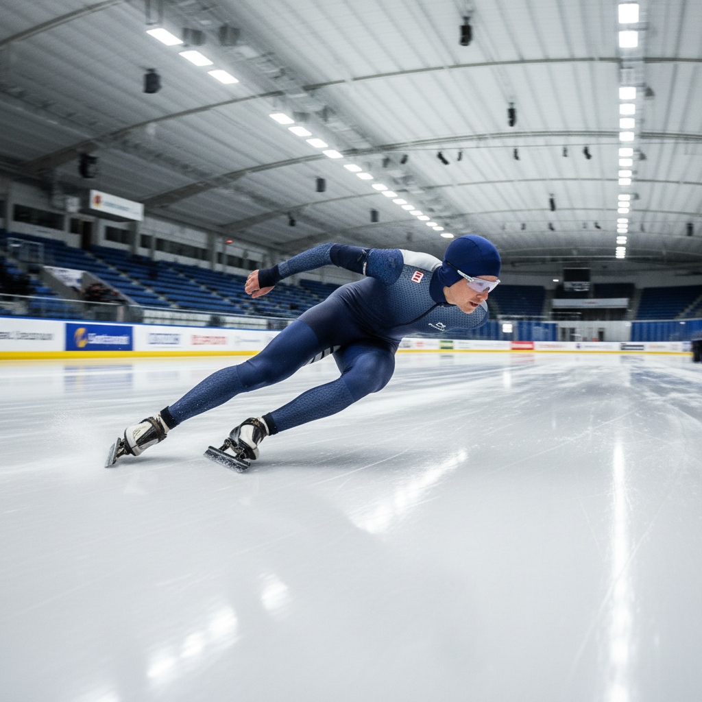 Speed skater in aerodynamic position during training on indoor ice oval with reflective surface