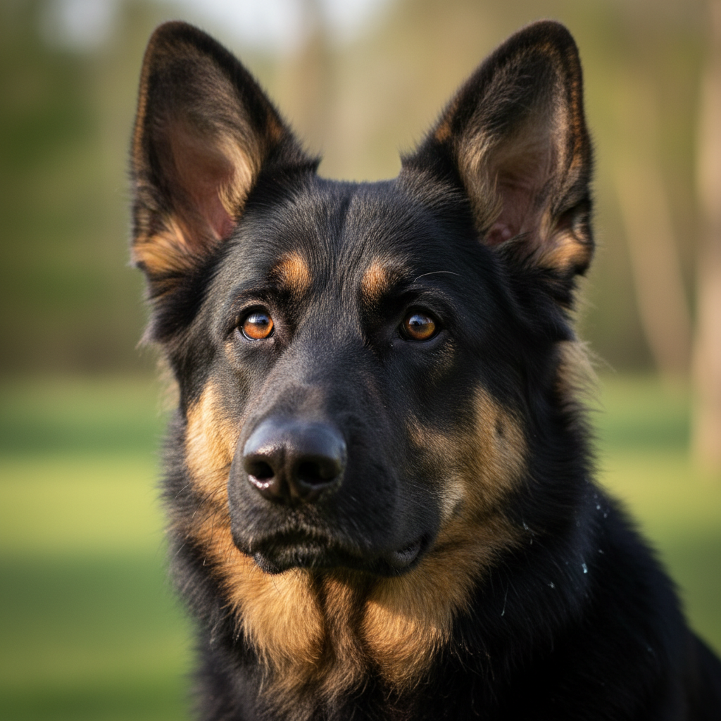 Black and tan German Shepherd freshly groomed, bright eyes, clean ears, plush coat