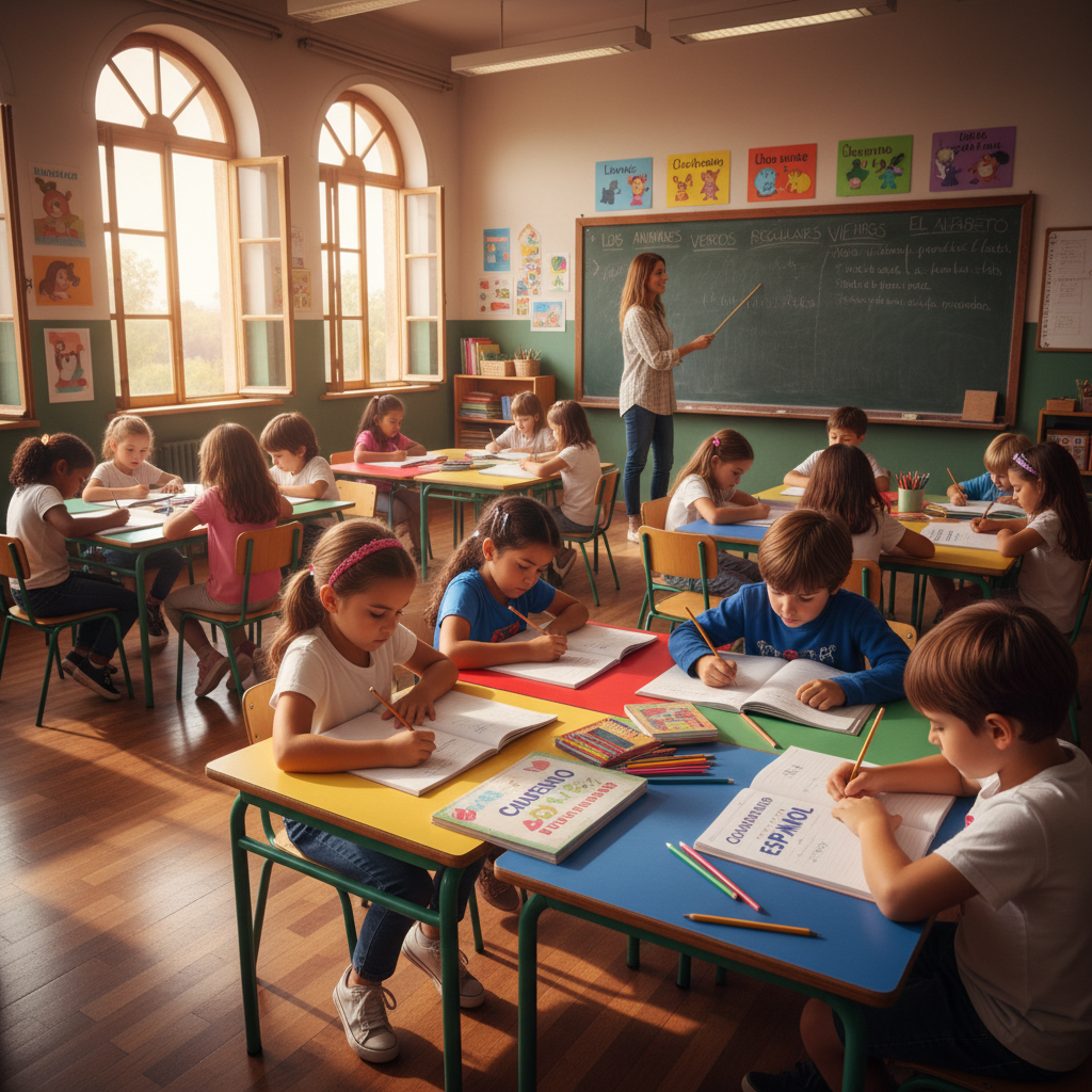 Children sitting at colorful classroom tables writing in Spanish notebooks, teacher pointing at a chalkboard with Spanish words