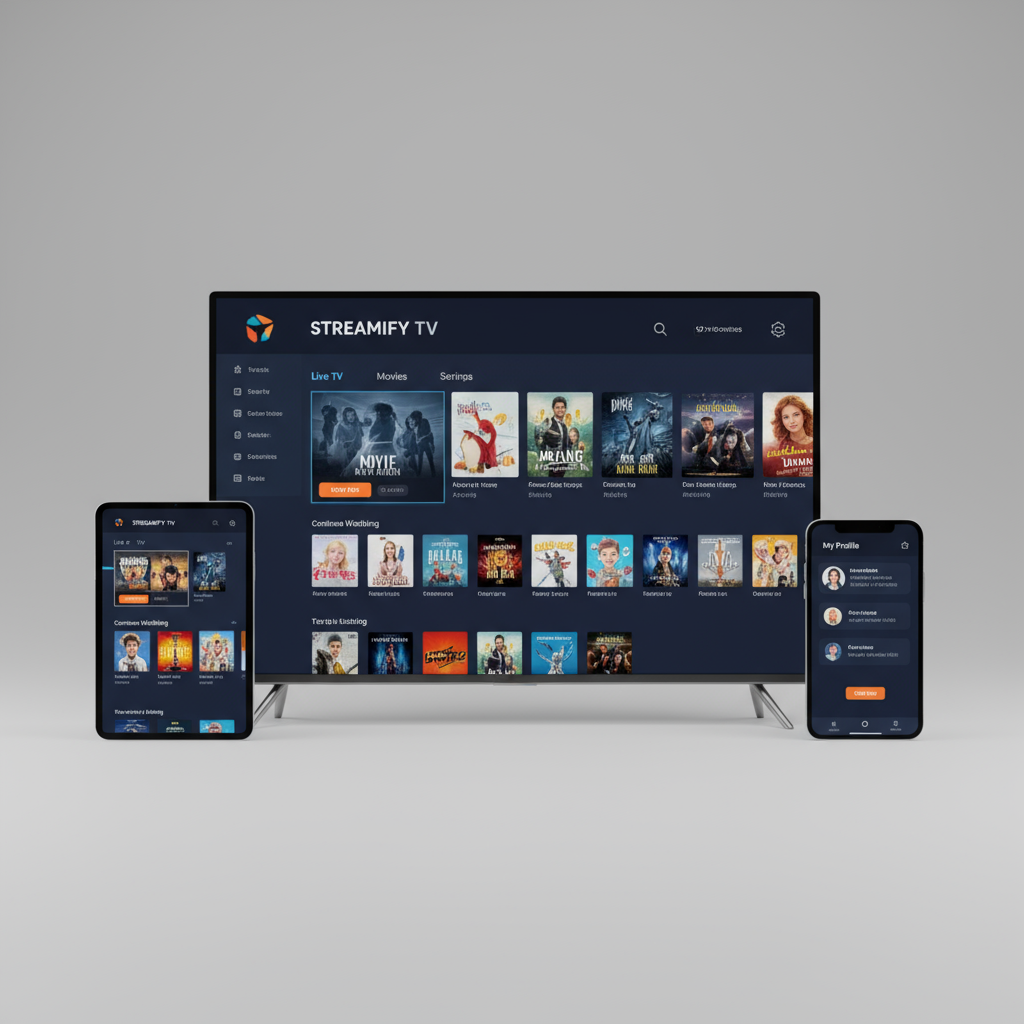 IPTV app installation on multiple devices including smartphone, tablet and smart TV