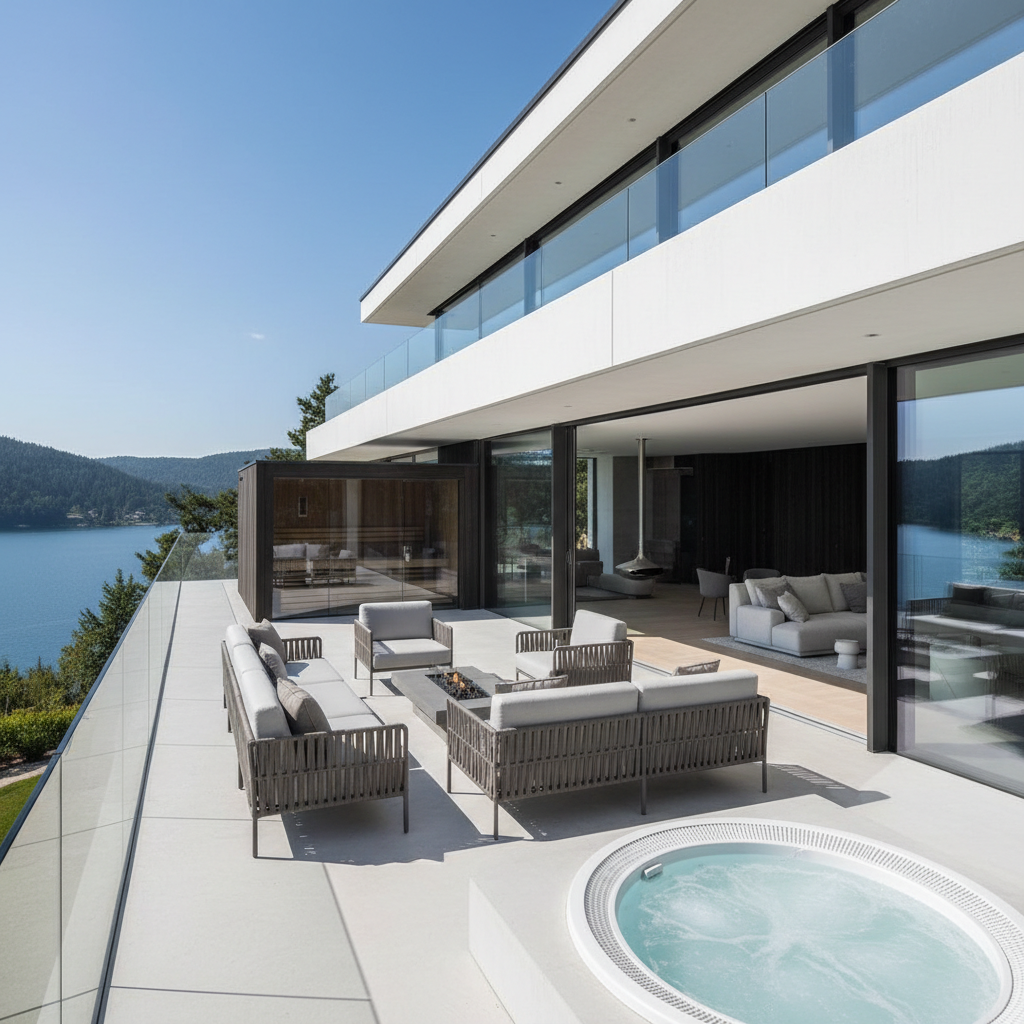 Modern luxury villa with heated pool and outdoor kitchen with Lake Tahoe sunset views