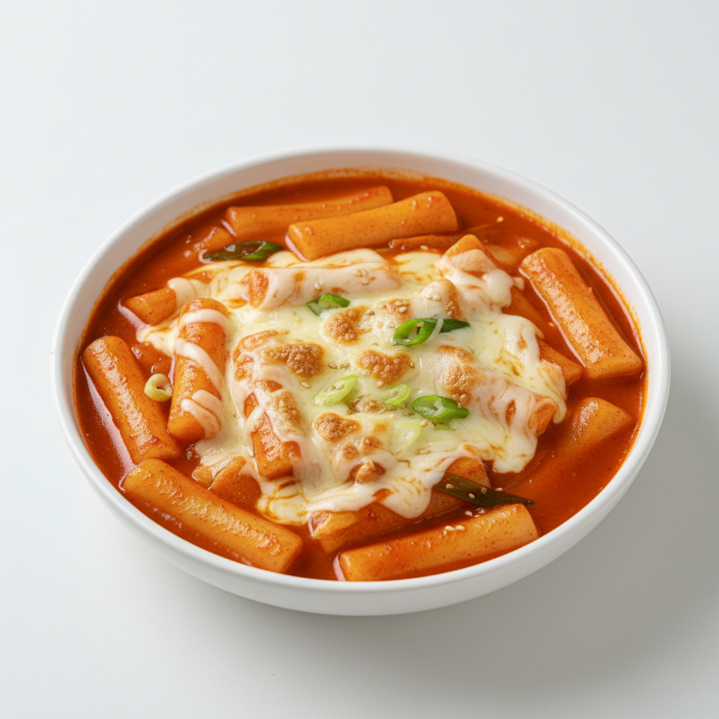 Chewy tteokbokki rice cakes simmering in a rich, vibrant red Korean spicy sauce