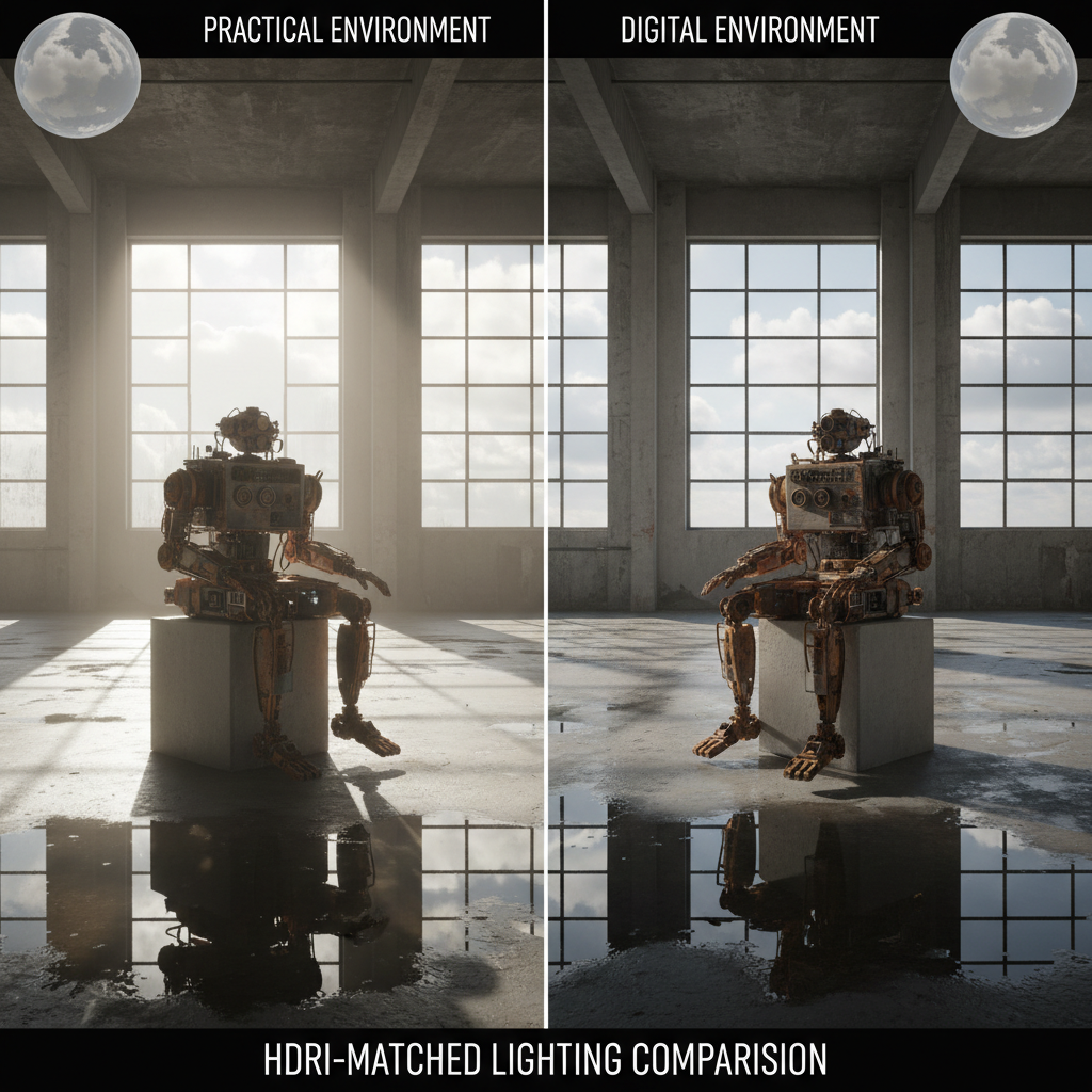 Render comparison showing HDRI-matched lighting between practical and digital environments
