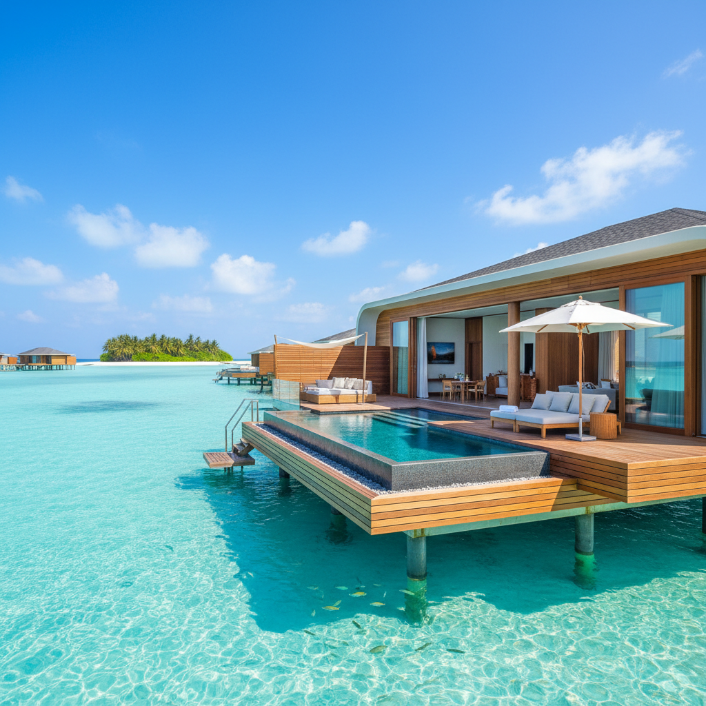 Luxury beachfront villa with overwater bungalow and turquoise lagoon in Maldives