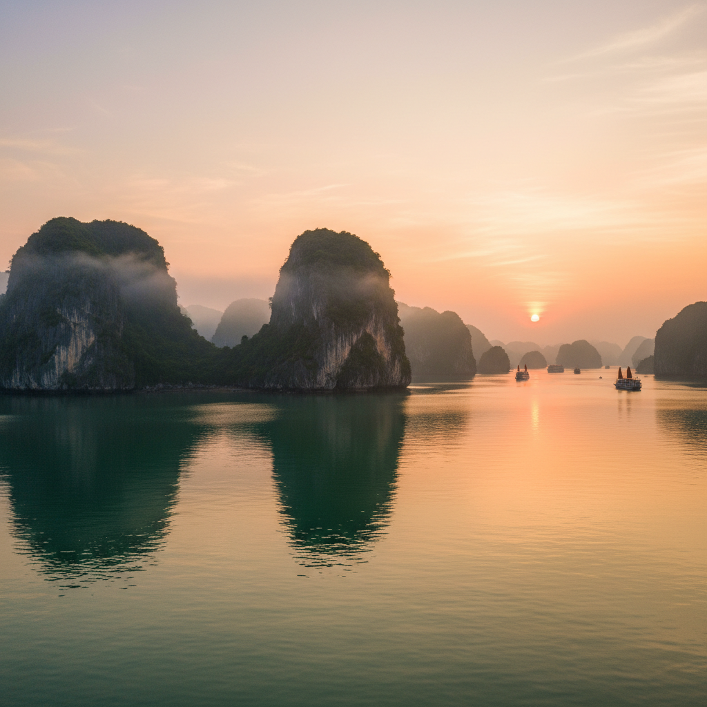 Ha Long Bay limestone karsts at dawn, dark atmospheric mist, deep shadows on water, moody low-key lighting