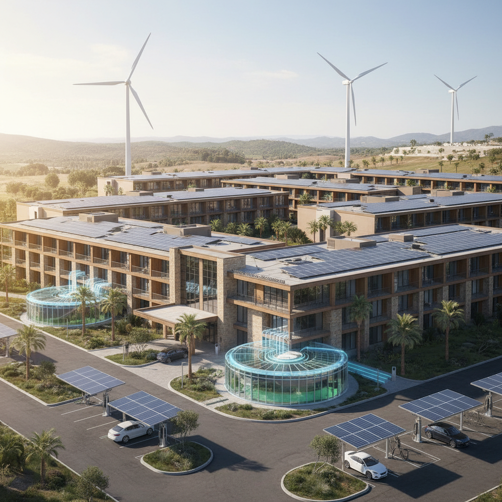 Hôtel éco-resort Rwanda avec panneaux solaires intégrés, architecture moderne, environnement vert