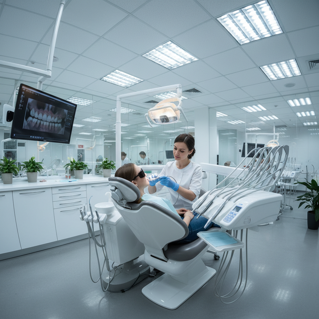 Dentist treating a patient in a modern dental chair with bright overhead light