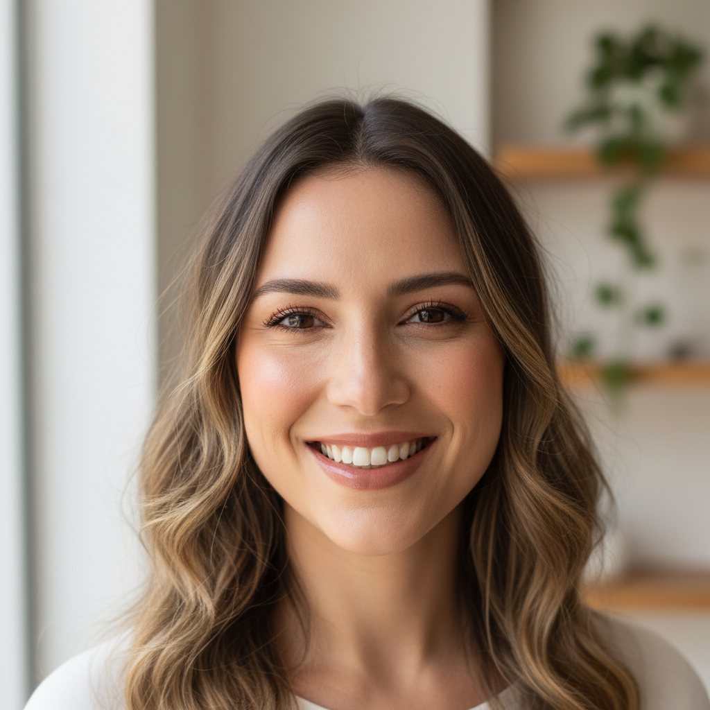 Woman with natural hair, warm smile, soft indoor lighting