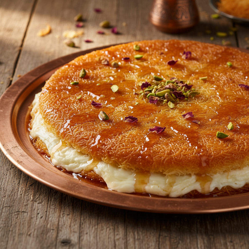 Golden crispy kunafa dessert with melted cheese filling drizzled with sweet syrup on decorative Middle Eastern plate