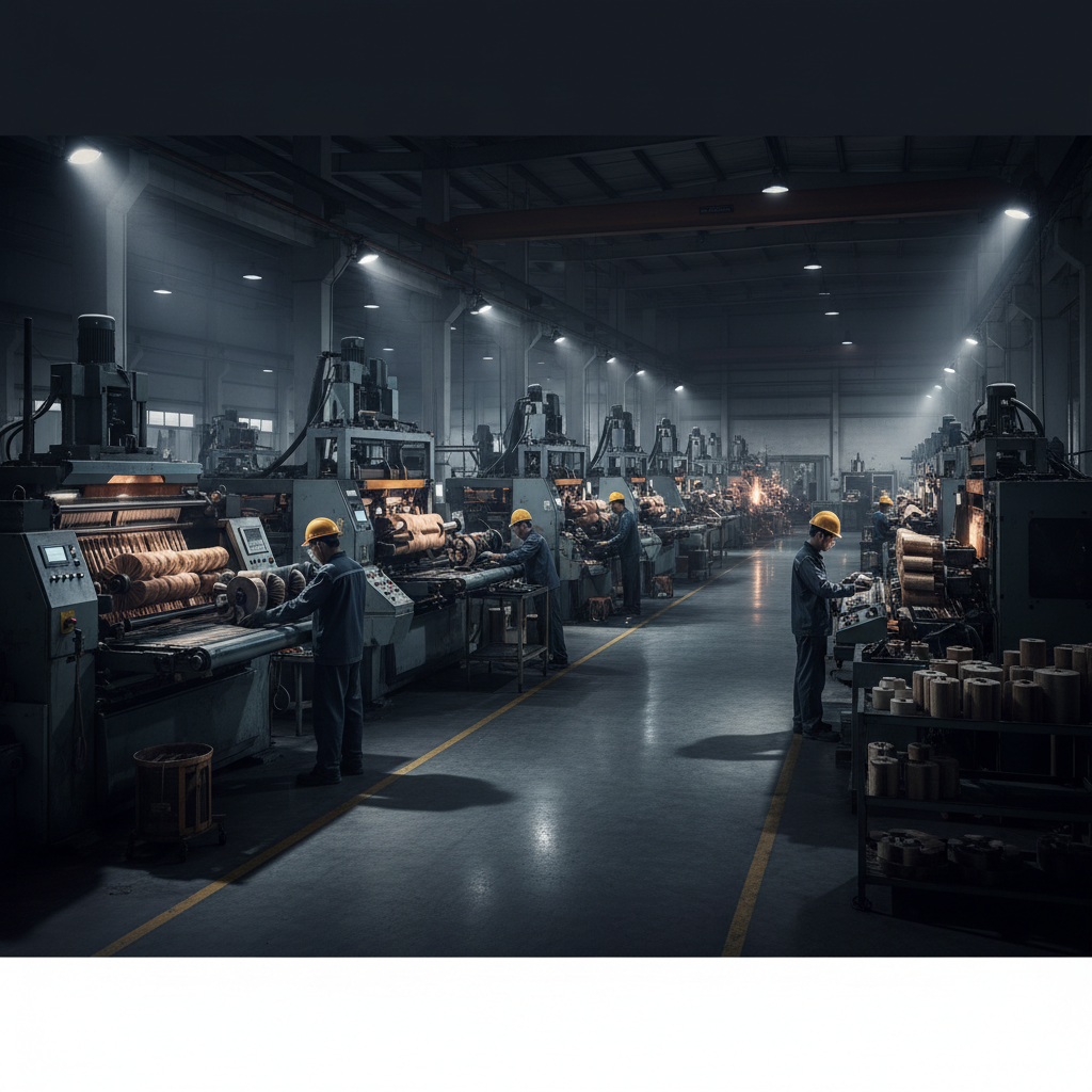 Modern manufacturing facility interior, dim atmospheric lighting, industrial machinery, deep shadows, production line