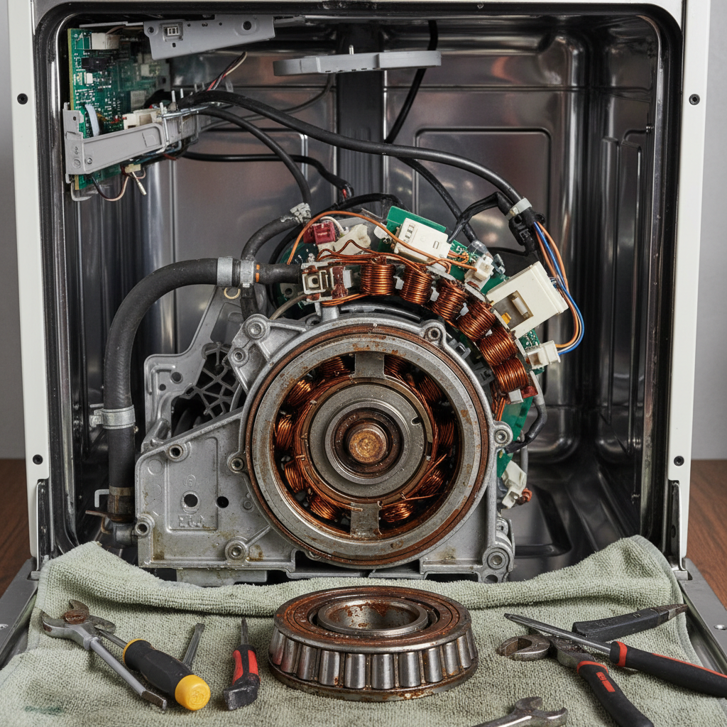 Disassembled dishwasher interior with motor components exposed and worn bearing visible