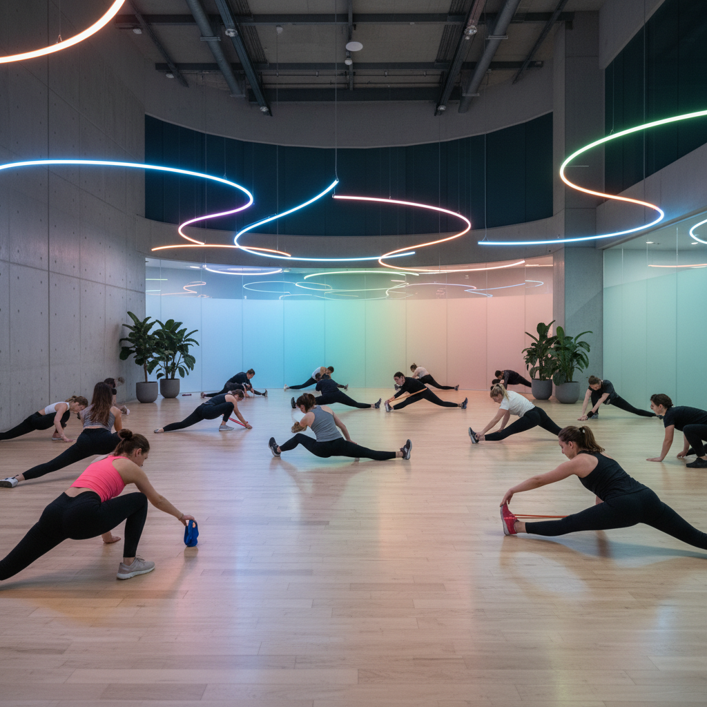 Peaceful recovery scene with stretching athlete, soft lighting, calm and restorative atmosphere