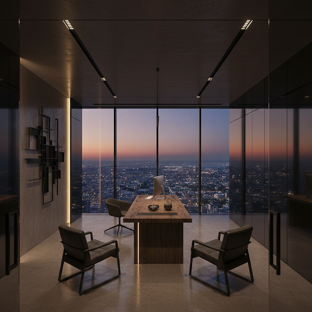 Modern executive conference room at night with city lights visible through dark windows and minimal lighting