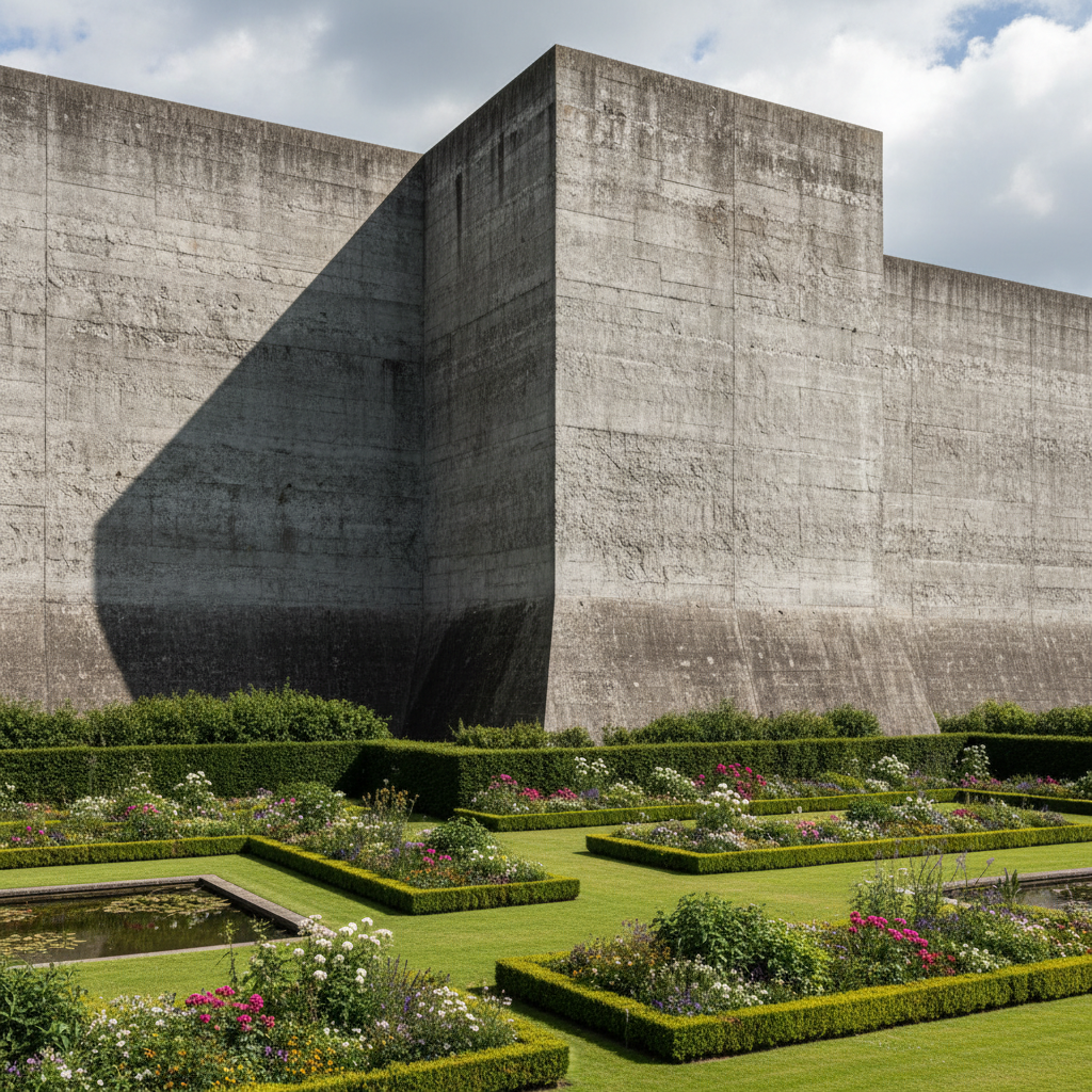 Stark grey concrete walls of an industrial compound surrounded by manicured gardens in stark contrast