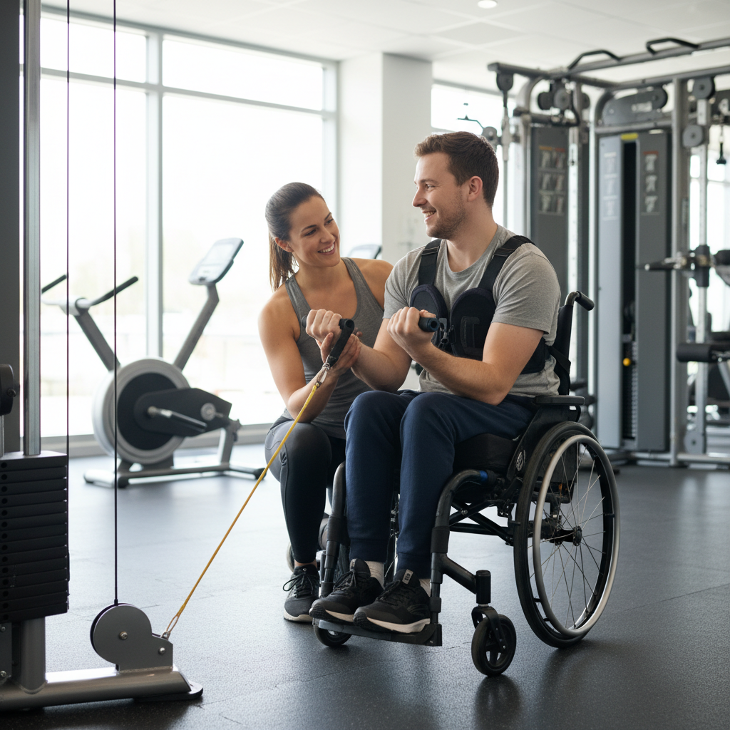 Compassionate trainer working one-on-one with adaptive fitness client in accessible gym environment