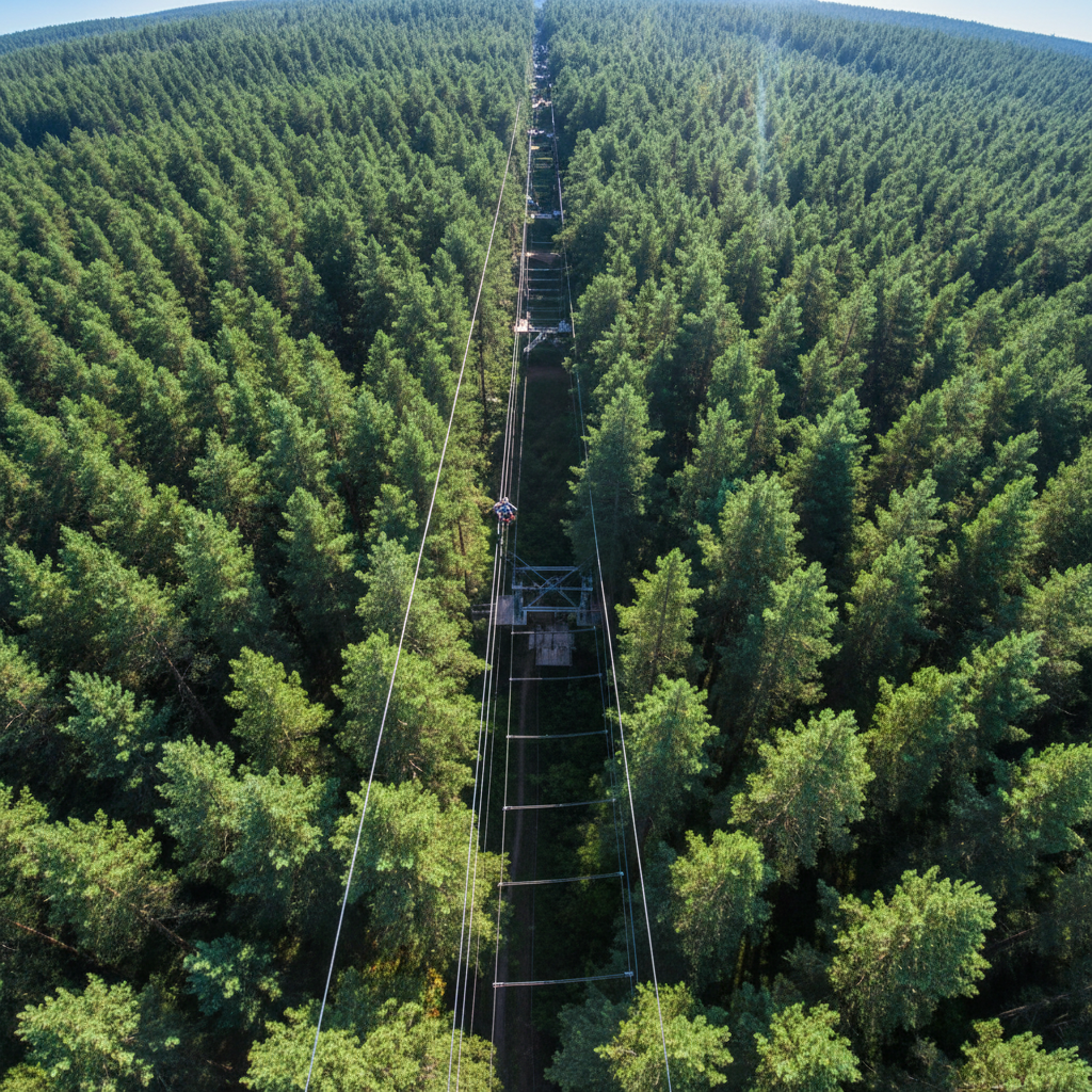 Dense pine forest canopy from above with zip line cables visible threading through the treetops