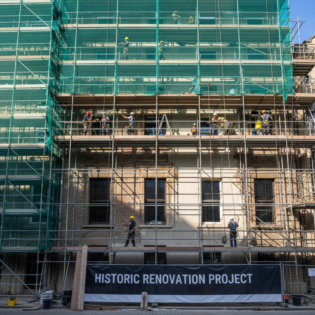 Commercial renovation exterior with scaffolding, workers in safety gear, daytime construction activity