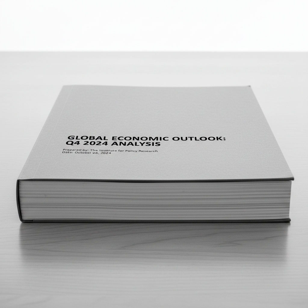 Thick research report printed in black and white with a clear cover page on a desk