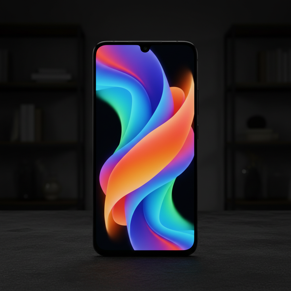 Smartphone screen showing vibrant display in dark room with blue ambient light