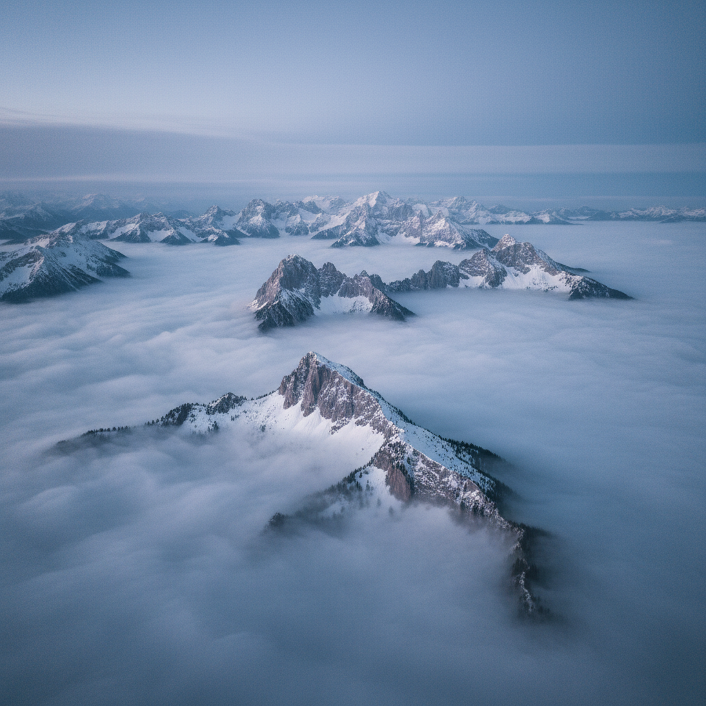 Aerial view of fog-wrapped alpine peaks at blue hour, mountain ridgelines emerging from cloud