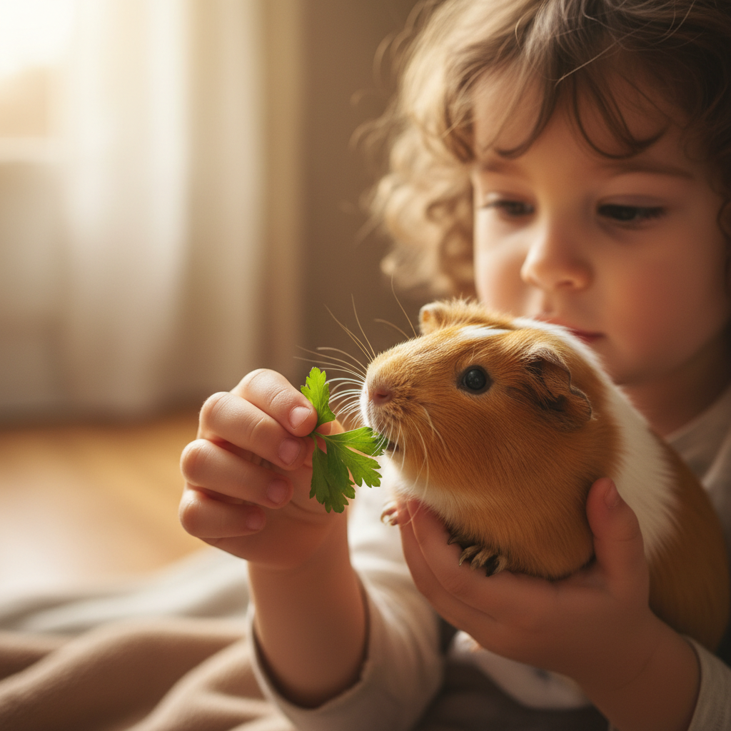 Child gently holding a guinea pig, offering a sprig of parsley, the animal's whiskers in sharp focus