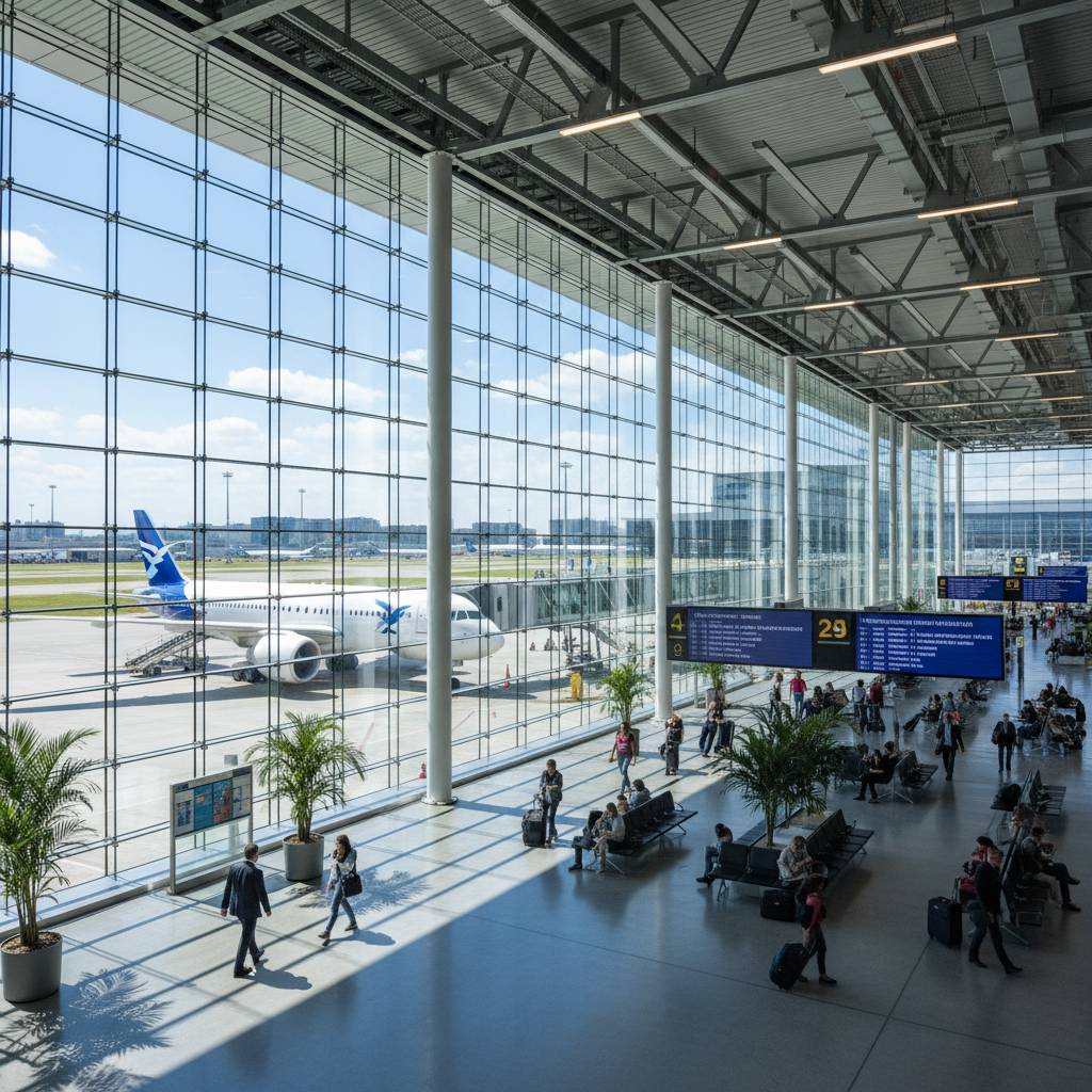 Modern airport terminal with planes on tarmac