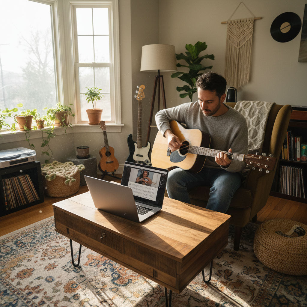 Music teacher giving guitar lessons to a student in a cozy home setting