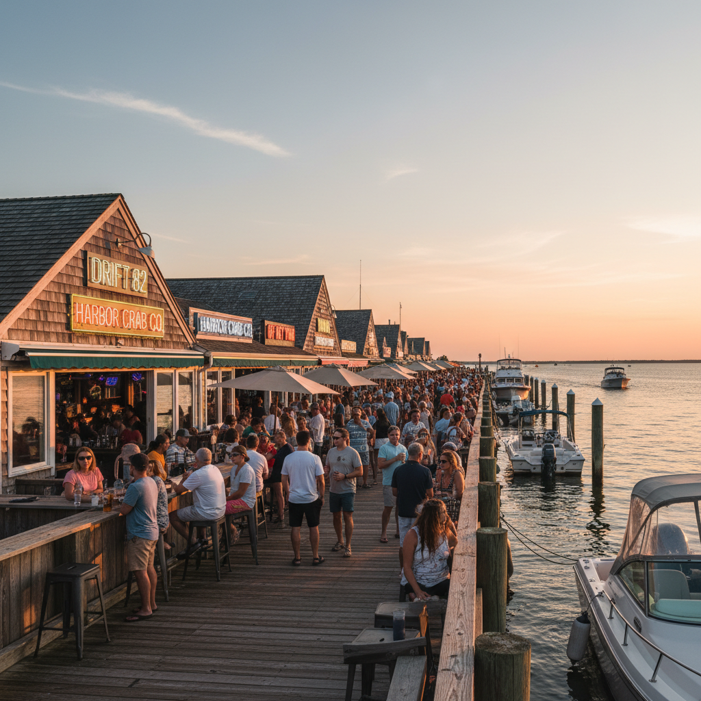 Patchogue waterfront with bars and restaurants along the dock